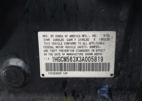 2003 Honda Accord 2.4 Lx z USA, uszkodzony, nr VIN 1HGCM563X3A005819